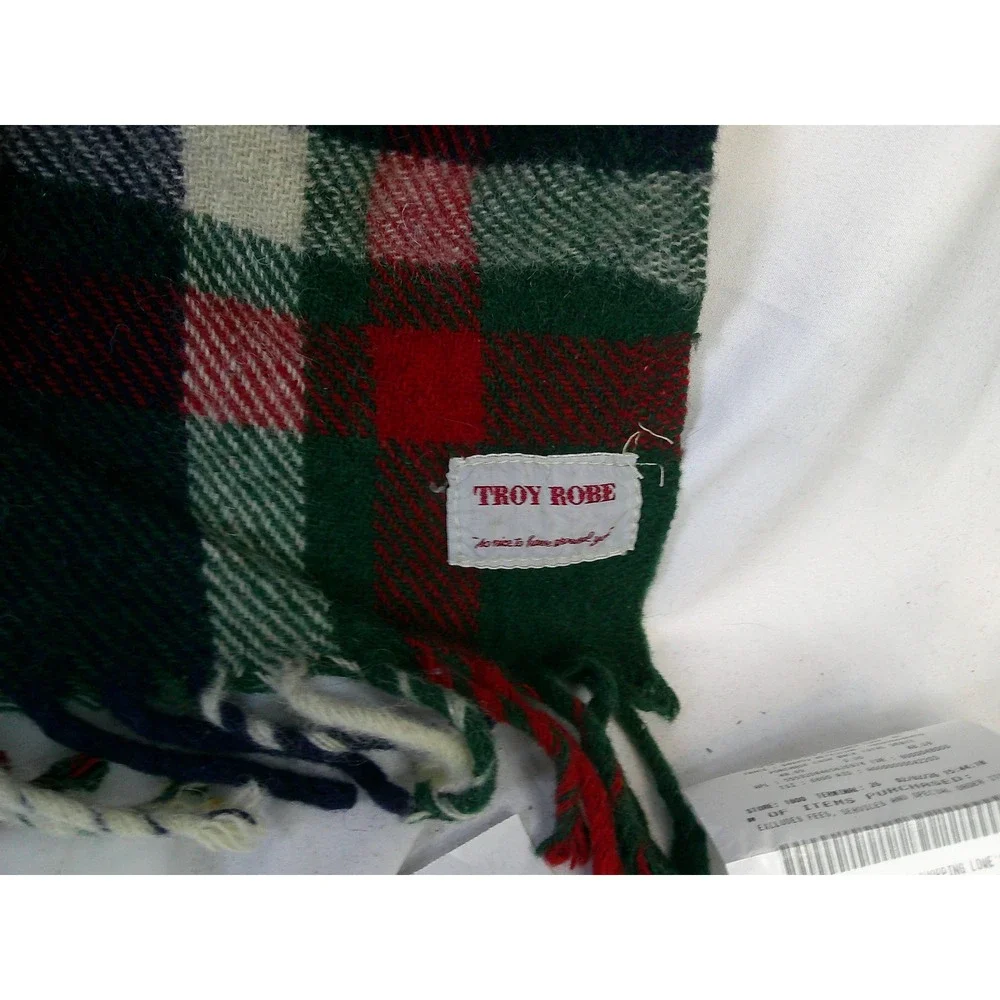 Vintage Troy Robe Wool Fringe Blanket Plaid Green Red Blue Tartan Stadium‎ Throw